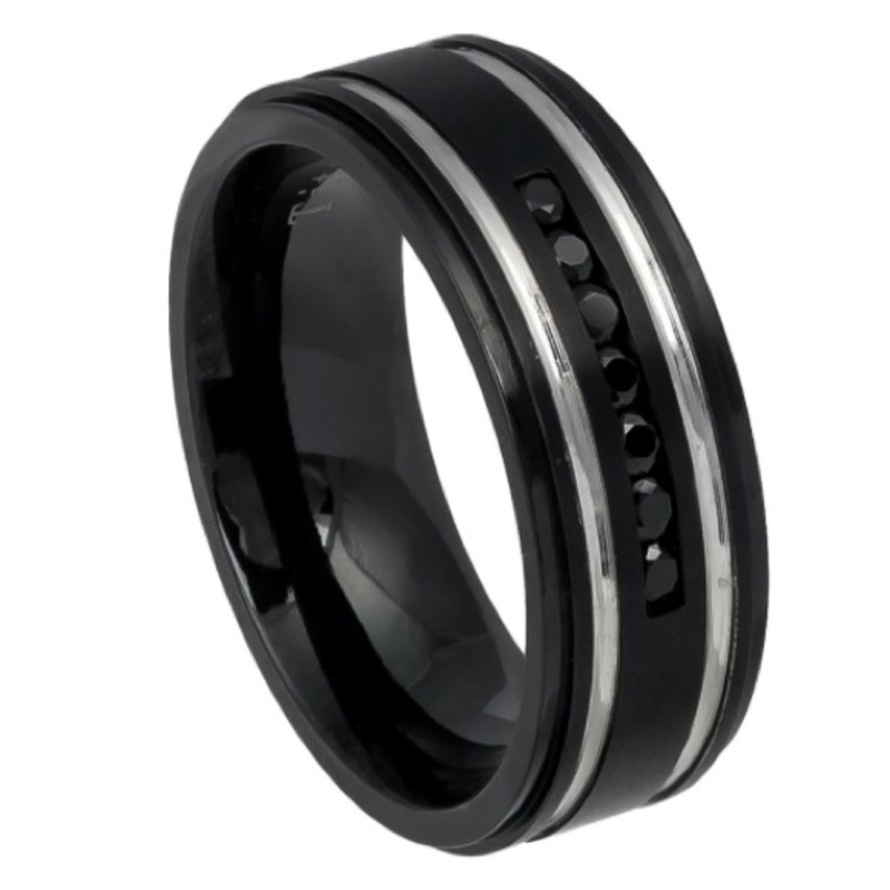 Black plated with silver design titanium ring